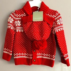 Tahari Fair Isle Holiday Christmas Buttoned Collared Sweater With Hat 12m NWT
